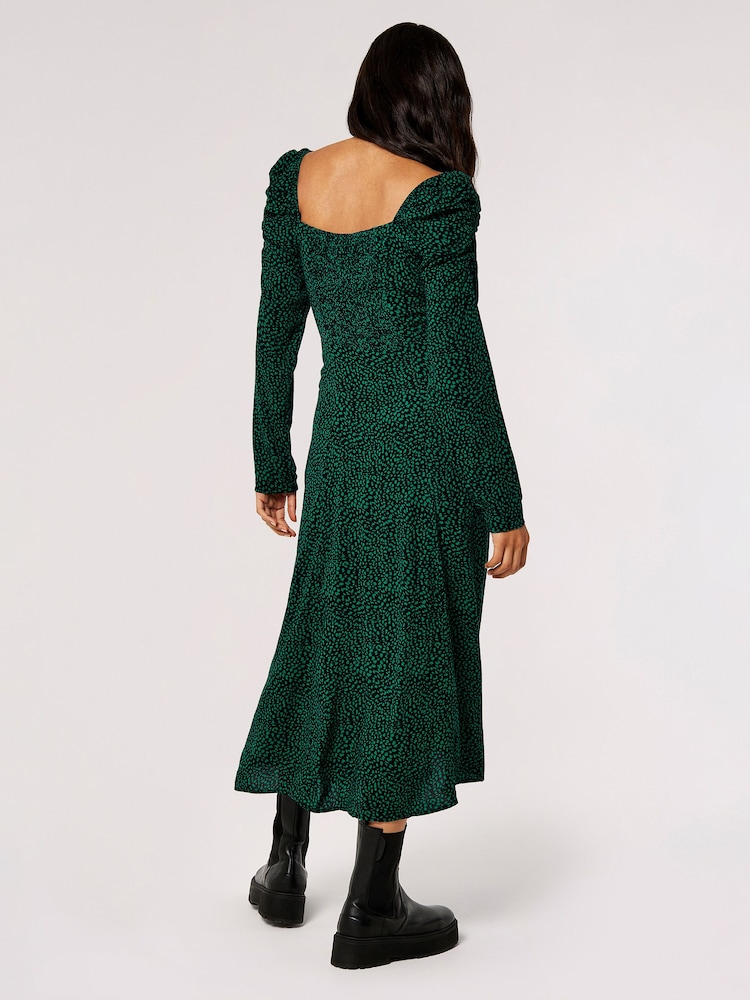 Apricot Green Ikat Ruched Long Sleeve Side Split Dress - Image 2 of 4