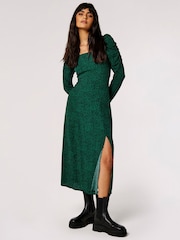 Apricot Green Ikat Ruched Long Sleeve Side Split Dress - Image 3 of 4