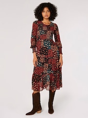 Apricot Red Patchwork Ditsy Long Sleeve Midi Dress - Image 1 of 5