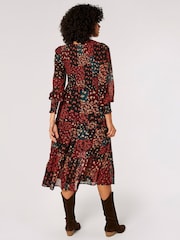 Apricot Red Patchwork Ditsy Long Sleeve Midi Dress - Image 2 of 5