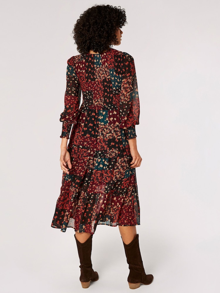 Apricot Red Patchwork Ditsy Long Sleeve Midi Dress - Image 2 of 5
