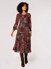 Apricot Red Patchwork Ditsy Long Sleeve Midi Dress - Image 3 of 5