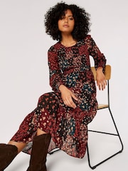 Apricot Red Patchwork Ditsy Long Sleeve Midi Dress - Image 4 of 5