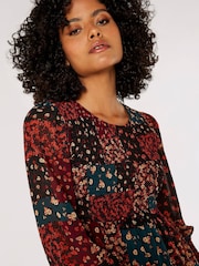 Apricot Red Patchwork Ditsy Long Sleeve Midi Dress - Image 5 of 5