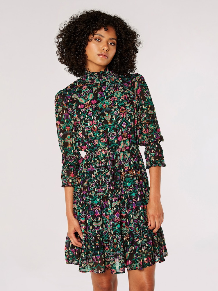 Apricot Black Enchanted Folk Gold Foil High Neck Dress - Image 1 of 4