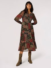 Apricot Green Patchwork Ditsy Long Sleeve Midi Dress - Image 1 of 5