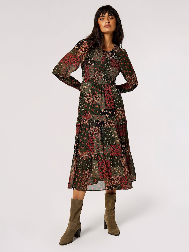 Apricot Green Patchwork Ditsy Long Sleeve Midi Dress - Image 1 of 5