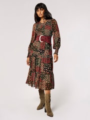 Apricot Green Patchwork Ditsy Long Sleeve Midi Dress - Image 3 of 5