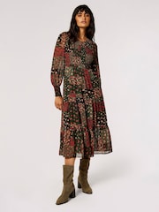 Apricot Green Patchwork Ditsy Long Sleeve Midi Dress - Image 4 of 5