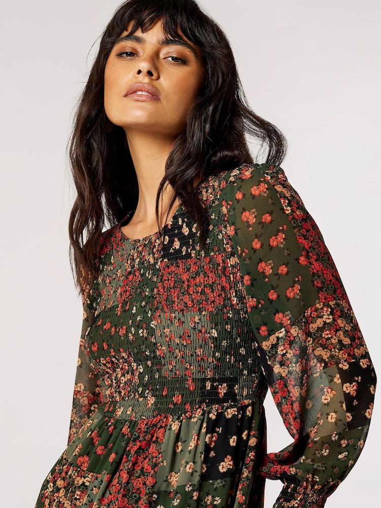Apricot Green Patchwork Ditsy Long Sleeve Midi Dress - Image 5 of 5