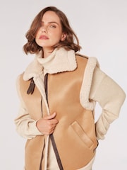 Apricot Brown Borg Lined Faux Fur Suede Aviator Gilet - Image 1 of 4