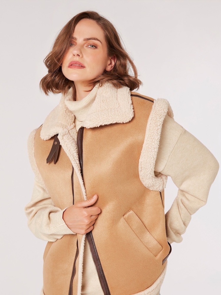 Apricot Brown Borg Lined Faux Fur Suede Aviator Gilet - Image 1 of 4 Apricot Brown Borg Lined Faux Fur Suede Aviator Gilet - Image 1 of 4