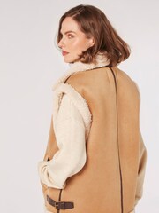 Apricot Brown Borg Lined Faux Fur Suede Aviator Gilet - Image 2 of 4