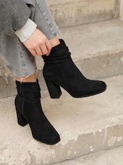 Linzi Black Mila Faux Suede Ruched Square Toe Block Heel Boots - Image 1 of 5