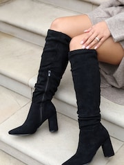 Linzi Black Bonnie Faux Suede Block Heel Knee High Ruched Boots With Pointed Toe - Image 1 of 4