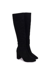 Linzi Black Bonnie Faux Suede Block Heel Knee High Ruched Boots With Pointed Toe - Image 3 of 4