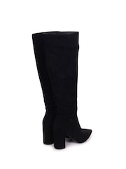 Linzi Black Bonnie Faux Suede Block Heel Knee High Ruched Boots With Pointed Toe - Image 4 of 4