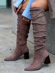 Linzi Brown Faux Suede Ruched Style Knee High Boots With Leather Stacked Heels - Image 1 of 4
