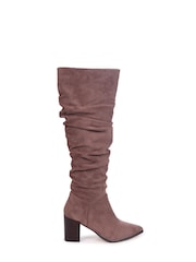 Linzi Brown Faux Suede Ruched Style Knee High Boots With Leather Stacked Heels - Image 2 of 4