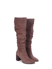 Linzi Brown Faux Suede Ruched Style Knee High Boots With Leather Stacked Heels - Image 3 of 4