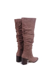 Linzi Brown Faux Suede Ruched Style Knee High Boots With Leather Stacked Heels - Image 4 of 4