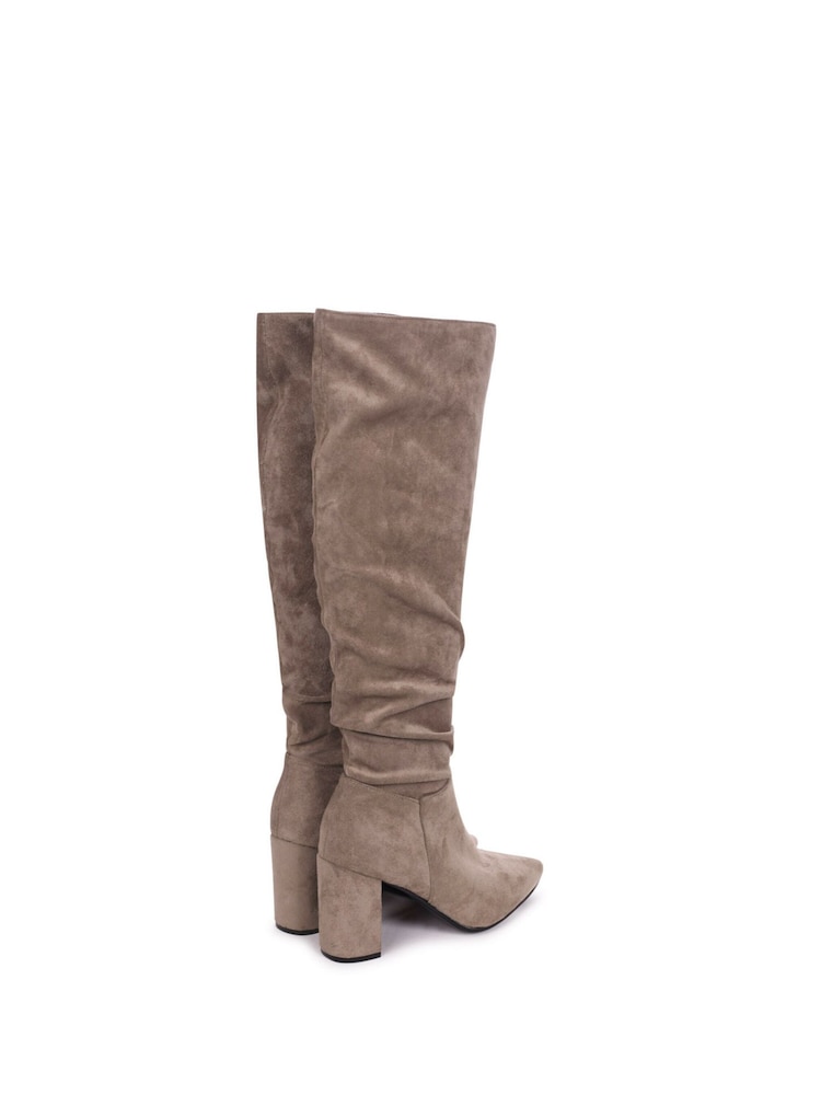 Linzi Brown Bonnie Faux Suede Block Heel Knee High Ruched Boots With Pointed Toe - Image 4 of 4