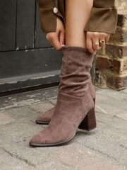 Linzi Brown Wisteria Western Style Ruched Ankle Boots With Leather Stacked Heel - Image 1 of 5