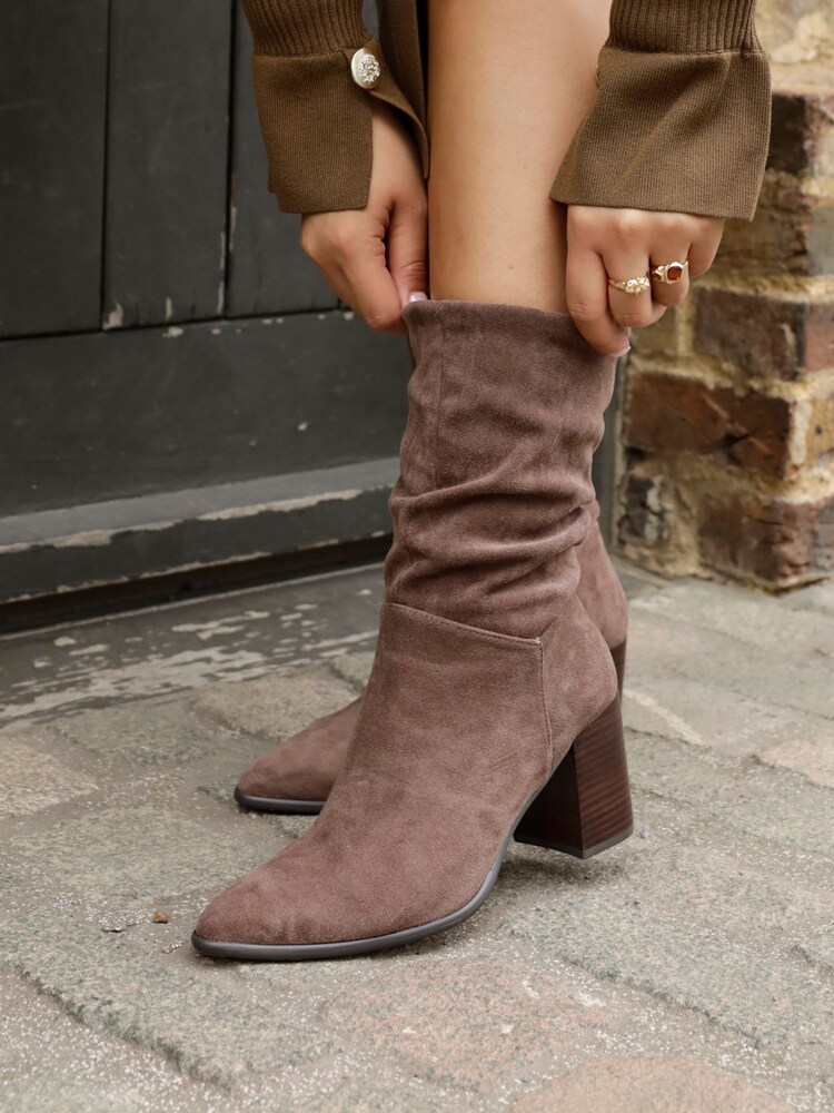Linzi Brown Wisteria Western Style Ruched Ankle Boots With Leather Stacked Heel - Image 1 of 5