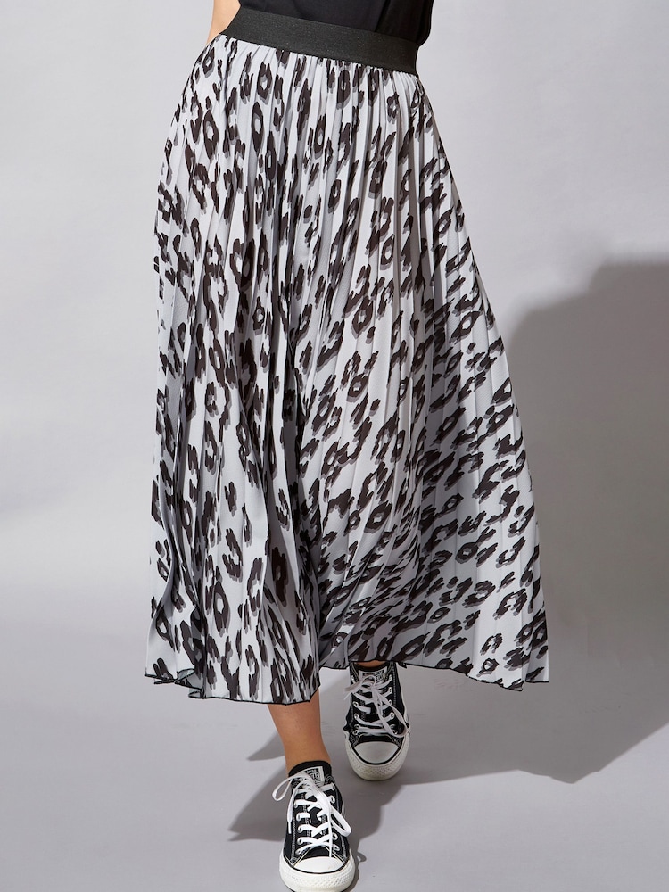 Roman Grey Animal Print Pleated Maxi Skirt - Image 1 of 4 Roman Grey Animal Print Pleated Maxi Skirt - Image 1 of 4