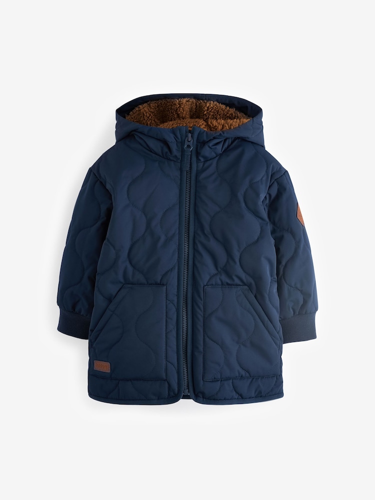 Navy Blue Quilted Borg Fleece Lined Shower Resistant Coat (3mths-7yrs) - Image 5 of 9