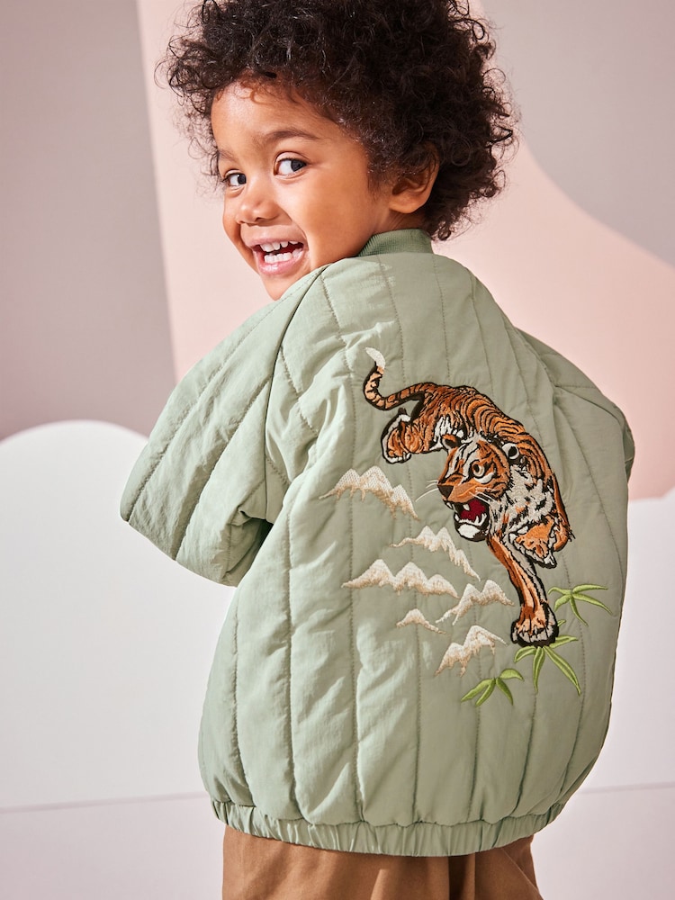 Sage Green Quilt Embroidered Bomber Jacket (3mths-7yrs) - Image 1 of 9