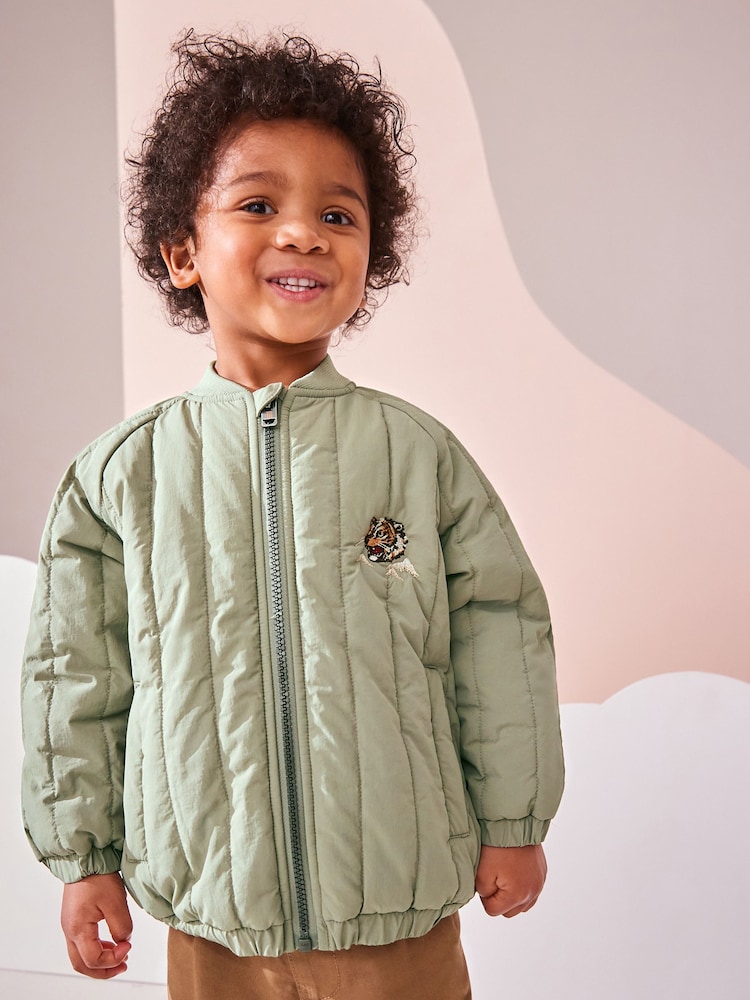 Sage Green Quilt Embroidered Bomber Jacket (3mths-7yrs) - Image 2 of 9
