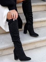 Linzi Black Tennessee Faux Suede Block Heel High Leg Boots - Image 1 of 2