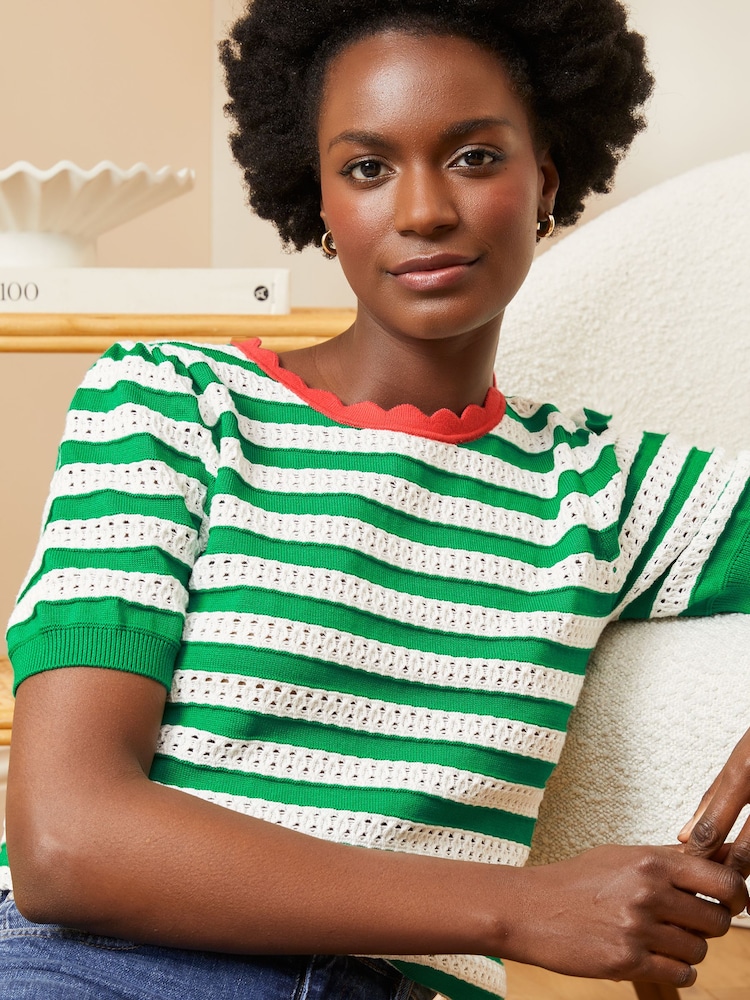 Love & Roses Green Pointelle Scallop Neck Knitted Top - Image 2 of 4