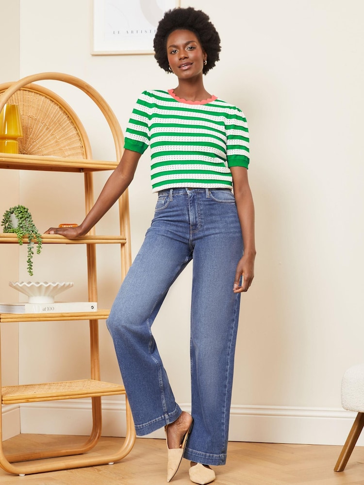 Love & Roses Green Pointelle Scallop Neck Knitted Top - Image 4 of 4