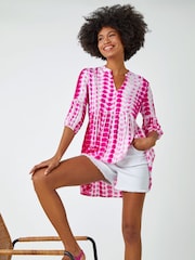 Roman Pink Tie Dye Print Smock Tunic Top - Image 4 of 5