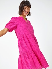 Roman Pink Embroidered Tiered Smock 100% Cotton Dress - Image 1 of 5