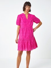 Roman Pink Embroidered Tiered Smock 100% Cotton Dress - Image 2 of 5