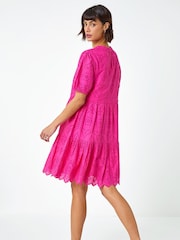 Roman Pink Embroidered Tiered Smock 100% Cotton Dress - Image 3 of 5