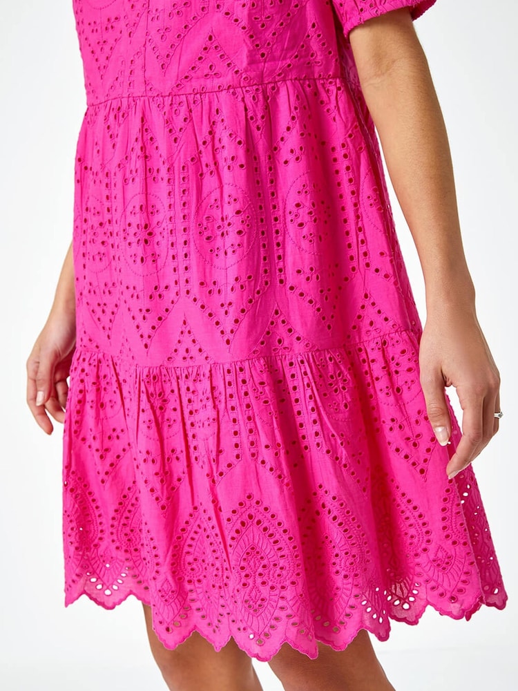 Roman Pink Embroidered Tiered Smock 100% Cotton Dress - Image 5 of 5