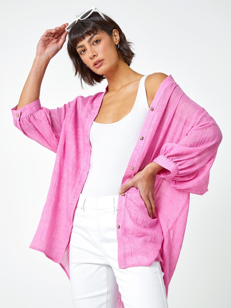 Roman Pink Oversized Plain Cotton Blend Shirt - Image 1 of 5