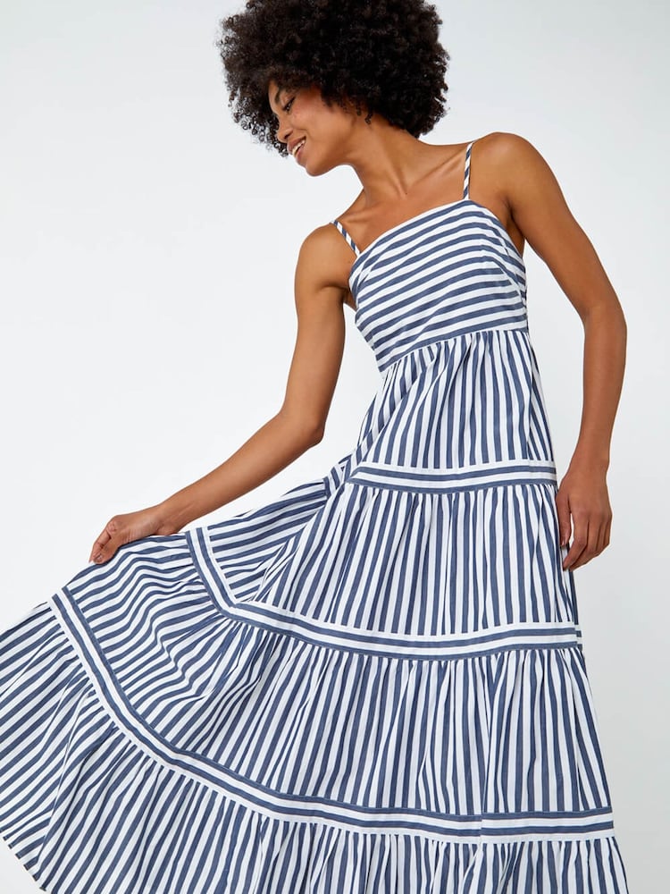 Roman Blue 100% Cotton Stripe Tiered Maxi Dress - Image 1 of 5
