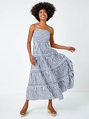 Roman Blue 100% Cotton Stripe Tiered Maxi Dress - Image 3 of 5