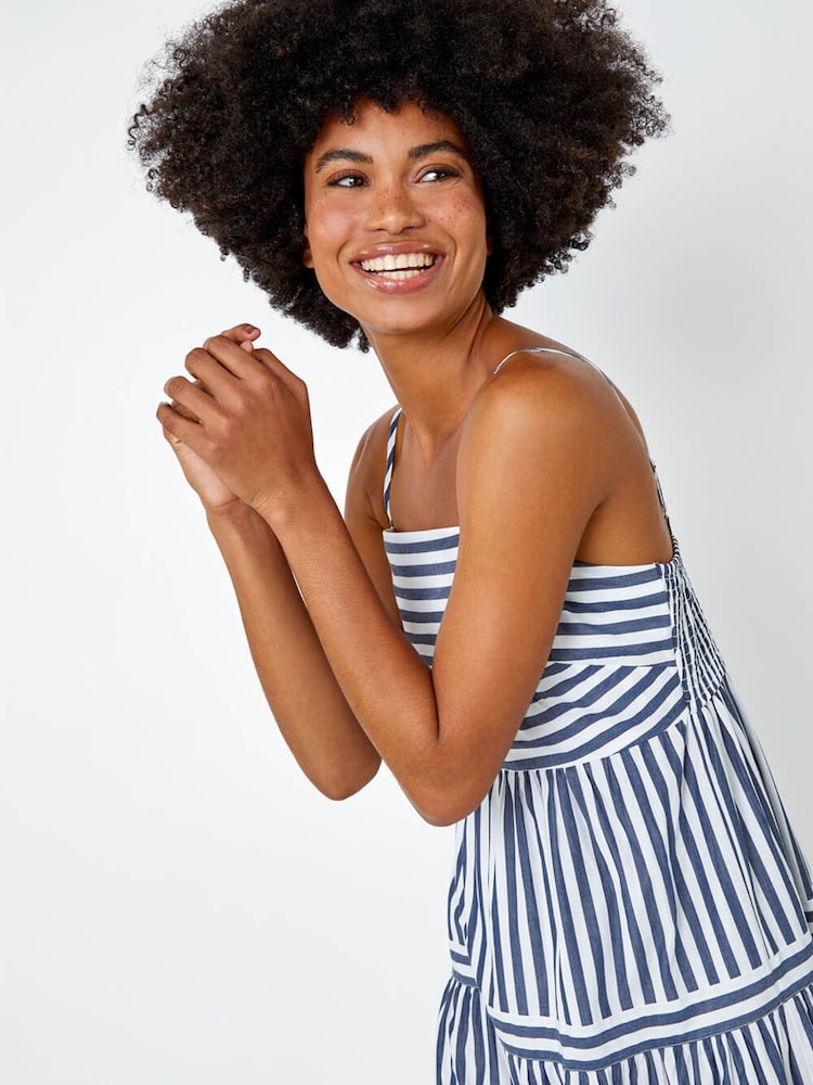 Roman Blue 100% Cotton Stripe Tiered Maxi Dress - Image 5 of 5