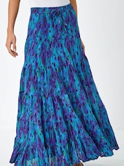 Roman Blue Feather Print Tiered 100% Cotton Maxi Skirt - Image 1 of 5