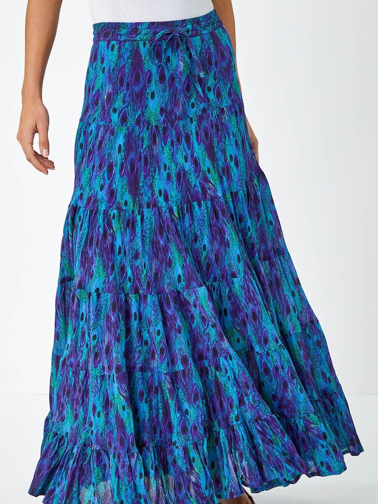 Roman Blue Feather Print Tiered 100% Cotton Maxi Skirt - Image 1 of 5