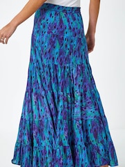 Roman Blue Feather Print Tiered 100% Cotton Maxi Skirt - Image 2 of 5
