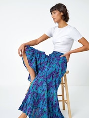 Roman Blue Feather Print Tiered 100% Cotton Maxi Skirt - Image 3 of 5