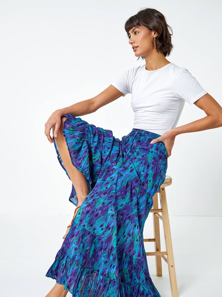 Roman Blue Feather Print Tiered 100% Cotton Maxi Skirt - Image 3 of 5