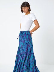 Roman Blue Feather Print Tiered 100% Cotton Maxi Skirt - Image 4 of 5